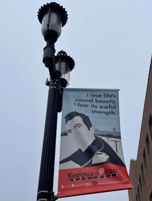 Kerouac 100th birthday banners on lampposts in Lowell